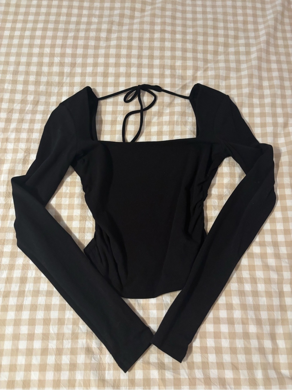 Garage Black Long-Sleeve Square Neck Tie-Back Top